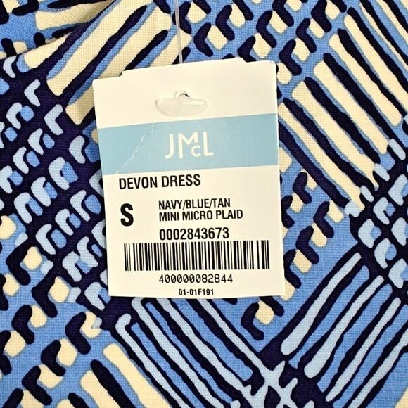 J. McLaughlin Devon Mini Micro Plaid Sheath Dress Size Small Navy Blue Tan NWT - Picture 2 of 8
